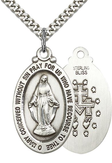 STERLING SILVER MIRACULOUS PENDANT WITH CHAIN - 1 1/8" x 5/8"
