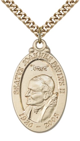 14KT GOLD FILLED ST JOHN PAUL II PENDANT WITH CHAIN - 1 1/8" x 5/8"