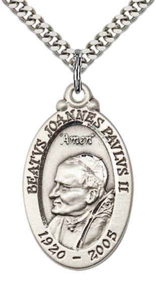 STERLING SILVER ST JOHN PAUL II PENDANT WITH CHAIN - 1 1/8" x 5/8"