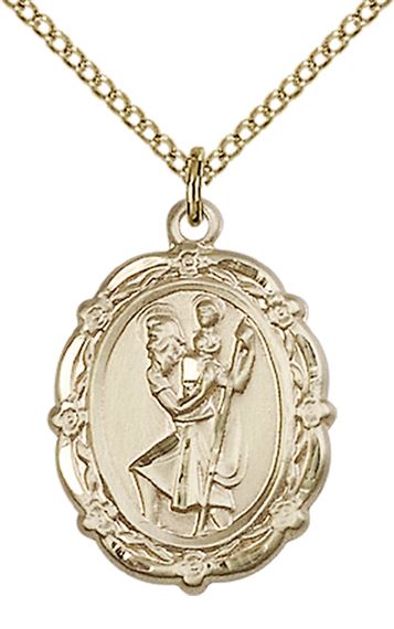 14KT GOLD FILLED ST CHRISTOPHER PENDANT WITH CHAIN - 7/8" x 5/8"