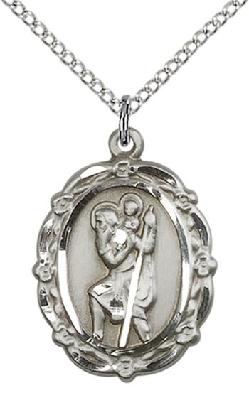 STERLING SILVER ST CHRISTOPHER PENDANT WITH CHAIN - 7/8" x 5/8"