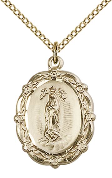 14KT GOLD FILLED OUR LADY OF GUADALUPE PENDANT WITH CHAIN - 7/8" x 5/8"