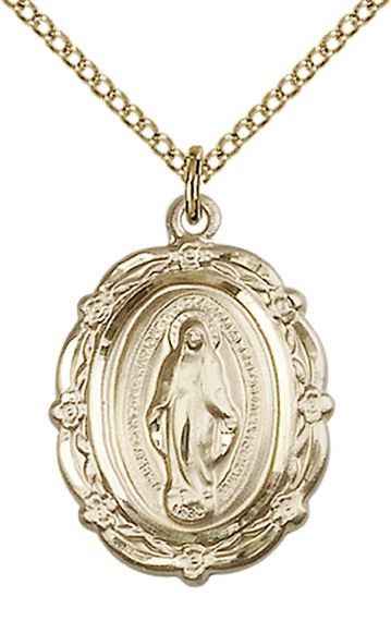 14KT GOLD FILLED MIRACULOUS PENDANT WITH CHAIN - 7/8" x 5/8"