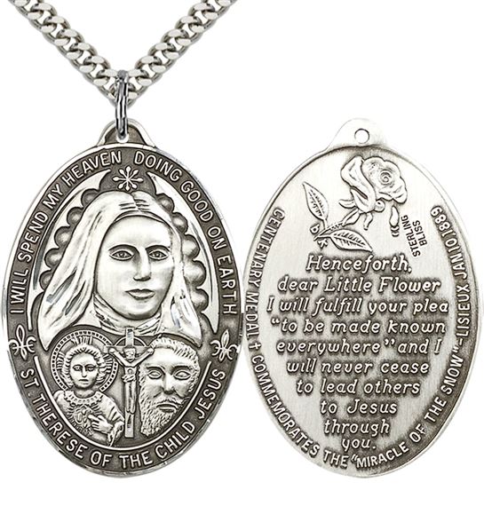 STERLING SILVER ST THERESE OF THE CHILD OF JESUS PENDANT WITH CHAIN - 1 3/8" x 1"