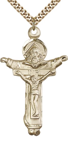 14KT GOLD FILLED TRINITY CRUCIFIX PENDANT WITH CHAIN - 1 3/4" x 1"