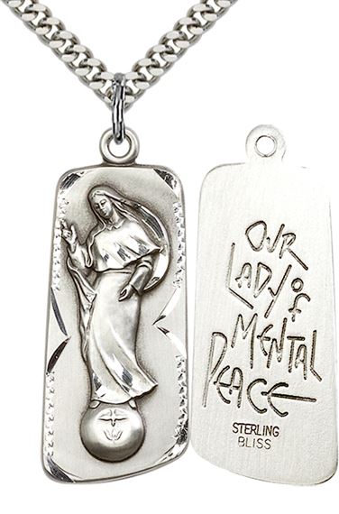 STERLING SILVER OUR LADY OF MENTAL PEACE PENDANT WITH CHAIN - 1 3/8" x 1/2"