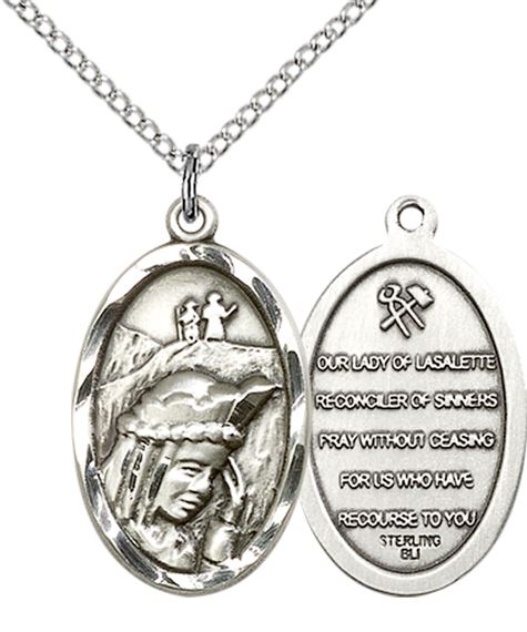 STERLING SILVER OUR LADY OF LA SALETTE PENDANT WITH CHAIN - 7/8" x 1/2"