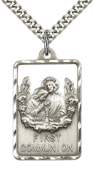 STERLING SILVER COMMUNION FIRST RECONCILIATION PENDANT WITH CHAIN - 1 1/8" x 3/4"