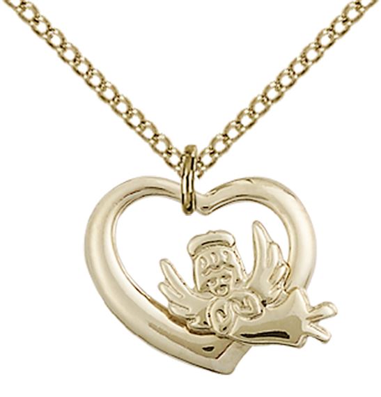 14KT GOLD FILLED HEART GUARDIAN ANGEL PENDANT WITH CHAIN - 1/2" x 5/8"