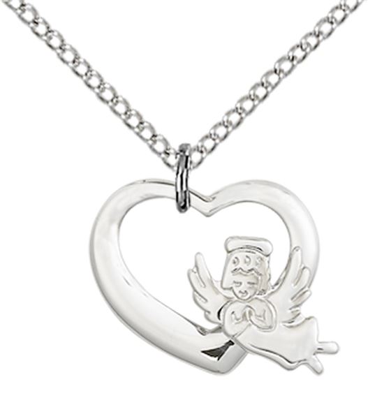 STERLING SILVER HEART GUARDIAN ANGEL PENDANT WITH CHAIN - 1/2" x 5/8"
