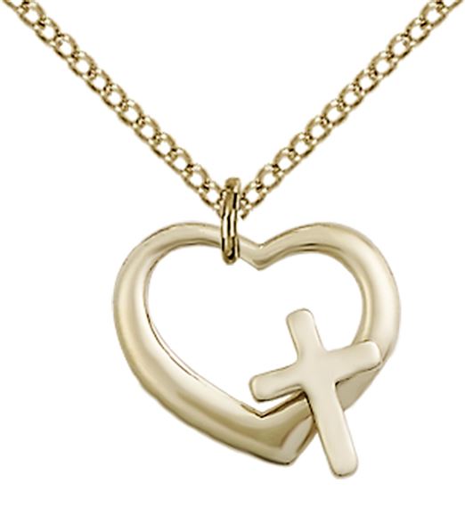 14KT GOLD FILLED HEART CROSS PENDANT WITH CHAIN - 1/2" x 1/2"