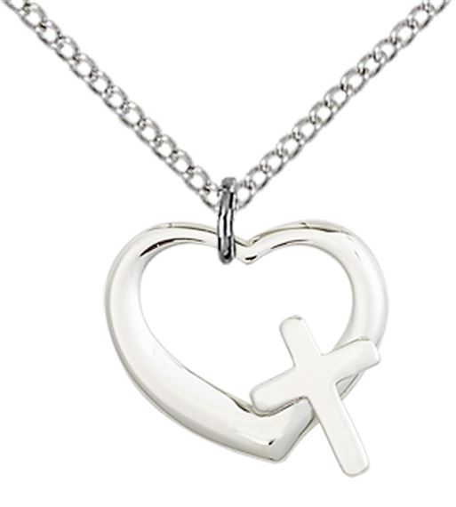 STERLING SILVER HEART CROSS PENDANT WITH CHAIN - 1/2" x 1/2"