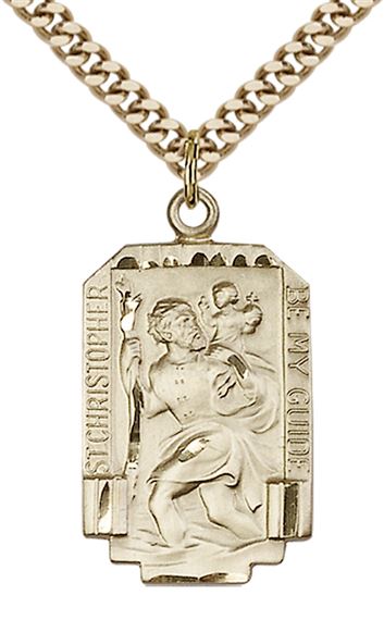 14KT GOLD FILLED ST CHRISTOPHER PENDANT WITH CHAIN - 1" x 5/8"