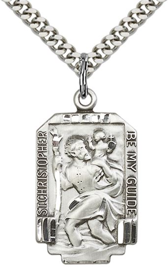 STERLING SILVER ST CHRISTOPHER PENDANT WITH CHAIN - 1" x 5/8"