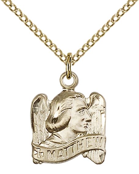 14KT GOLD FILLED ST MATTHEW PENDANT WITH CHAIN - 5/8" x 1/2"
