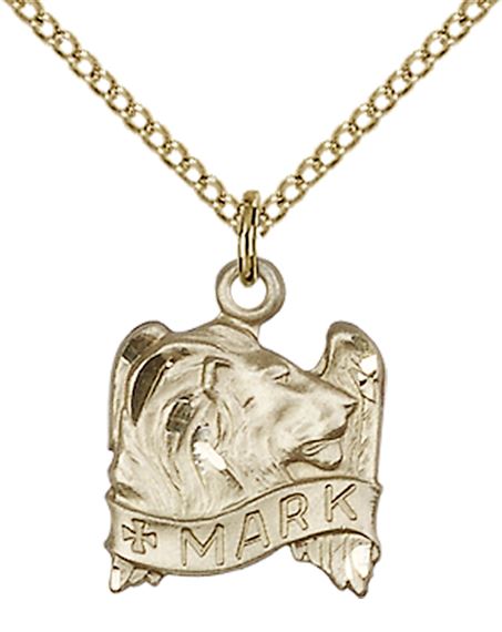 14KT GOLD FILLED ST MARK THE EVANGELIST PENDANT WITH CHAIN - 5/8" x 1/2"