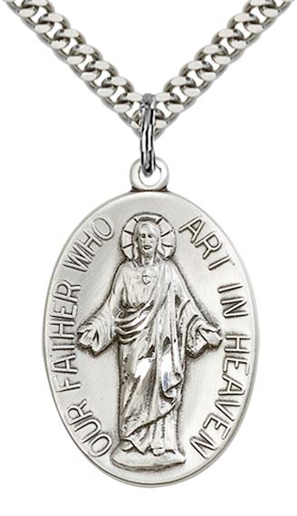 STERLING SILVER OUR FATHER PENDANT WITH CHAIN - 1 1/8" x 3/4"