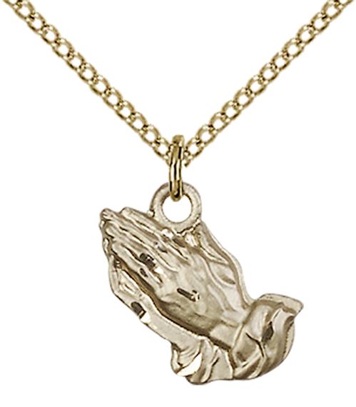 14KT GOLD FILLED PRAYING HANDS PENDANT WITH CHAIN - 1/2" x 1/2"
