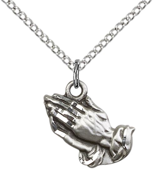 STERLING SILVER PRAYING HANDS PENDANT WITH CHAIN - 1/2" x 1/2"