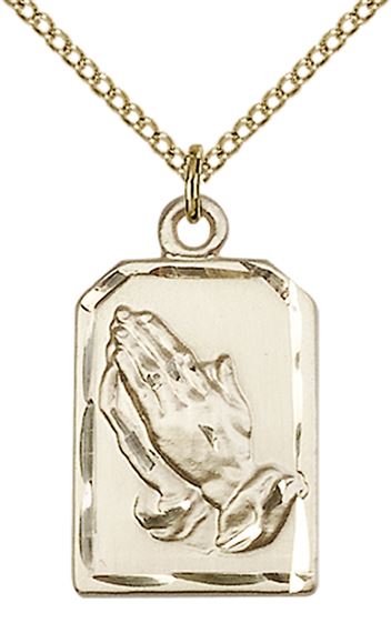 14KT GOLD FILLED PRAYING HANDS PENDANT WITH CHAIN - 7/8" x 1/2"