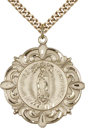 14KT GOLD FILLED OUR LADY OF GUADALUPE PENDANT WITH CHAIN - 1 1/4" x 1 1/8"