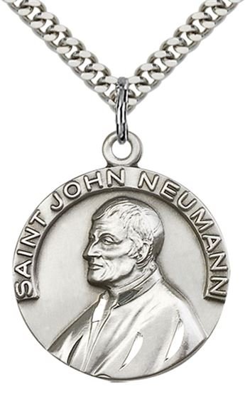 STERLING SILVER ST JOHN NEUMANN PENDANT WITH CHAIN - 1" x 7/8"