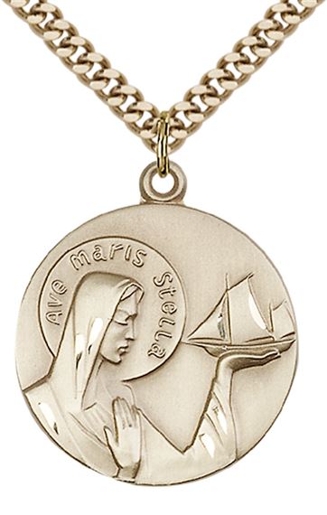 14KT GOLD FILLED OUR LADY STAR OF THE SEA PENDANT WITH CHAIN - 1" x 7/8"