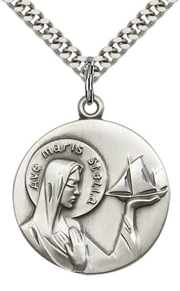 STERLING SILVER OUR LADY STAR OF THE SEA PENDANT WITH CHAIN - 1" x 7/8"