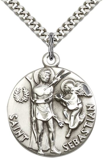 STERLING SILVER ST SEBASTIAN PENDANT WITH CHAIN - 1" x 7/8"