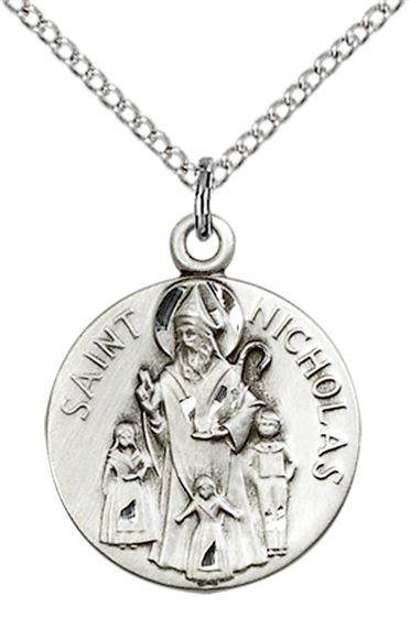 STERLING SILVER ST NICHOLAS PENDANT WITH CHAIN - 3/4" x 5/8"