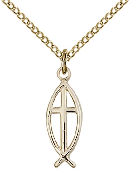 14KT GOLD FILLED FISH CROSS PENDANT WITH CHAIN - 3/4" x 1/4"