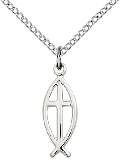 STERLING SILVER FISH CROSS PENDANT WITH CHAIN - 3/4" x 1/4"