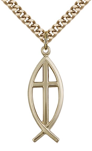 14KT GOLD FILLED FISH CROSS PENDANT WITH CHAIN - 1" x 3/8"