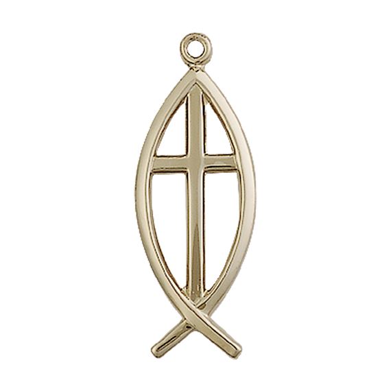 14KT GOLD FISH CROSS MEDAL - 1" x 3/8"