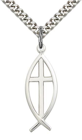 STERLING SILVER FISH CROSS PENDANT WITH CHAIN - 1" x 3/8"