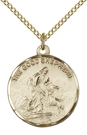 14KT GOLD FILLED GOOD SHEPHERD PENDANT WITH CHAIN - 7/8" x 3/4"