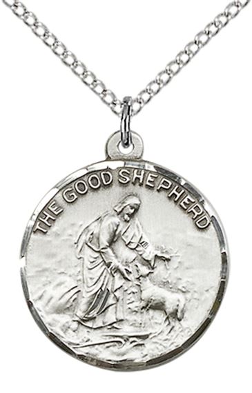 STERLING SILVER GOOD SHEPHERD PENDANT WITH CHAIN - 7/8" x 3/4"