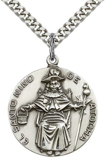 STERLING SILVER ST NIÑO DE ATOCHA PENDANT WITH CHAIN - 1" x 7/8"