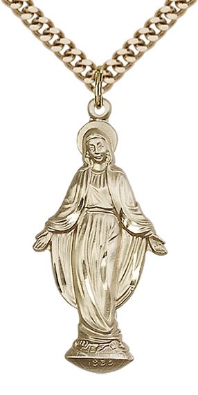 14KT GOLD FILLED MIRACULOUS PENDANT WITH CHAIN - 1 3/8" x 5/8"