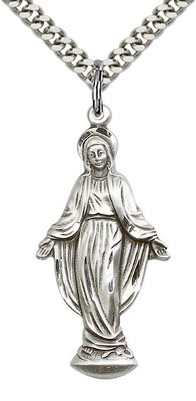STERLING SILVER MIRACULOUS PENDANT WITH CHAIN - 1 3/8" x 5/8"