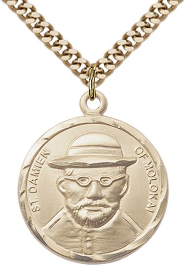 14KT GOLD FILLED ST DAMIEN OF MOLOKAI PENDANT WITH CHAIN - 7/8" x 3/4"