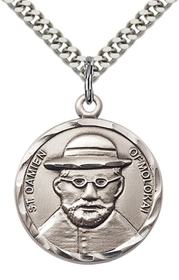 STERLING SILVER ST DAMIEN OF MOLOKAI PENDANT WITH CHAIN - 7/8" x 3/4"