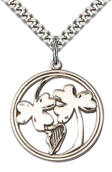 STERLING SILVER IRISH SHAMROCK HARP PENDANT WITH CHAIN