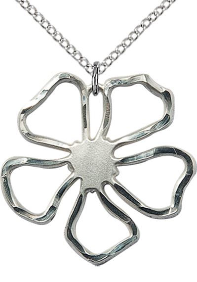 STERLING SILVER FIVE PETAL FLOWER PENDANT WITH CHAIN - 1" x 1"