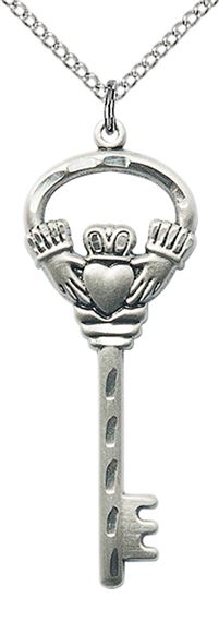 STERLING SILVER KEY W-CLADDAGH PENDANT WITH CHAIN - 1 1/2" x 1/2"