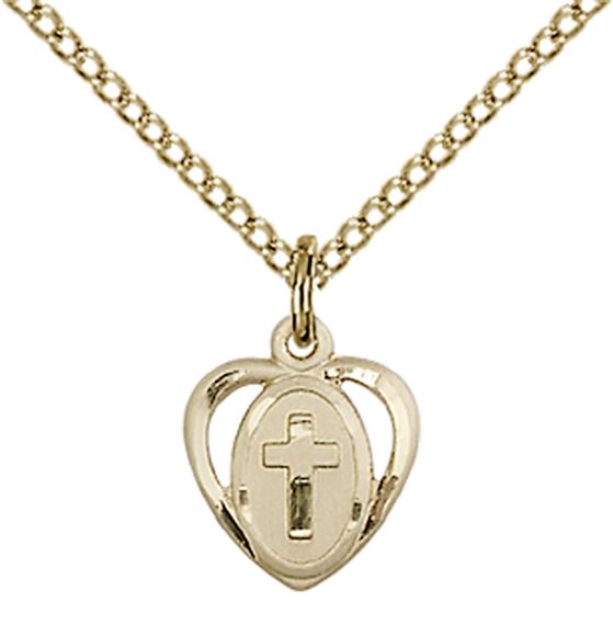 14KT GOLD FILLED HEART CROSS PENDANT WITH CHAIN - 3/8" x 3/8"