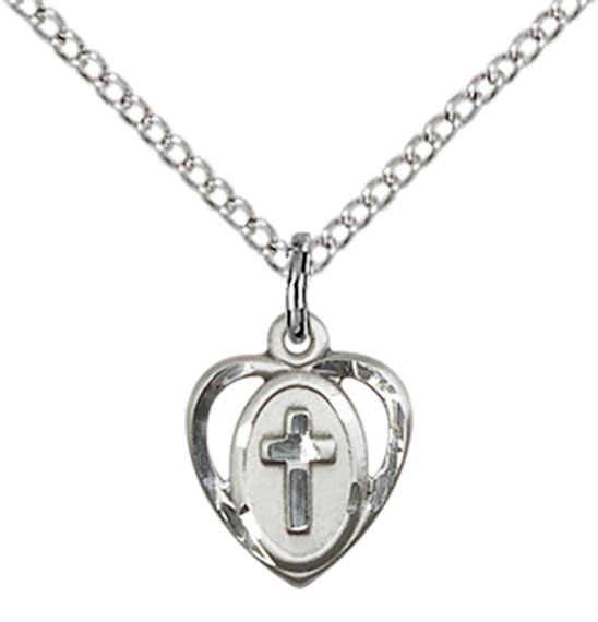 STERLING SILVER HEART CROSS PENDANT WITH CHAIN - 3/8" x 3/8"