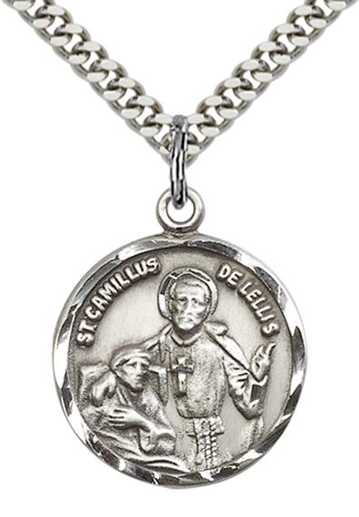 STERLING SILVER ST CAMILLUS OF LELLIS PENDANT WITH CHAIN - 7/8" x 3/4"