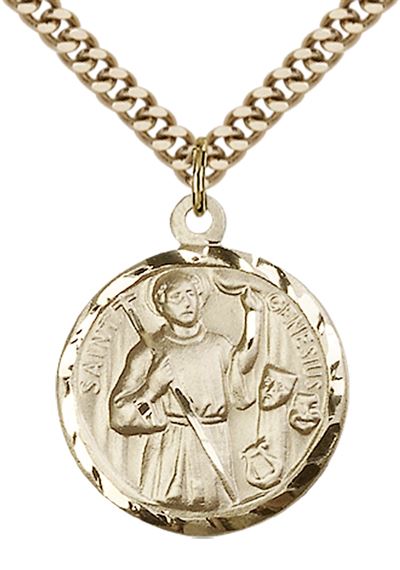 14KT GOLD FILLED ST GENESIUS OF ROME PENDANT WITH CHAIN - 7/8" x 3/4"