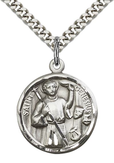 STERLING SILVER ST GENESIUS OF ROME PENDANT WITH CHAIN - 7/8" x 3/4"